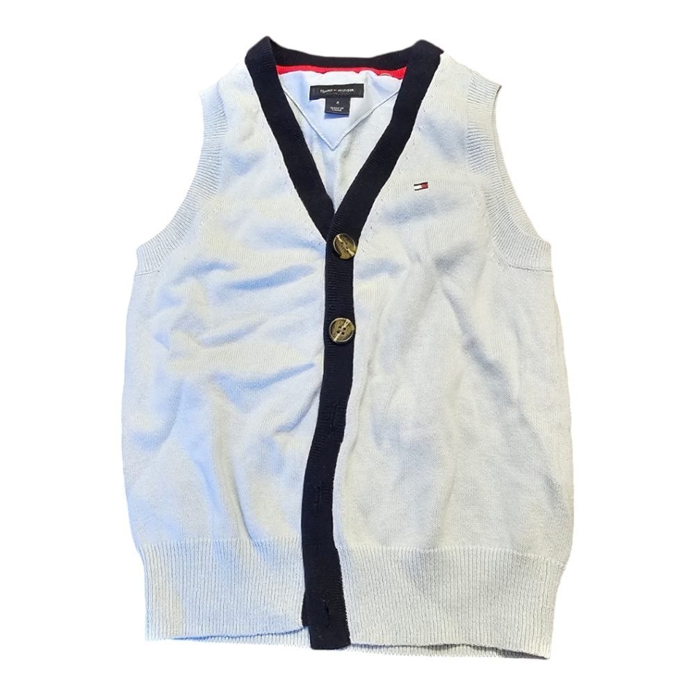 Tommy Hilfiger. Boys Button Down Sweater Vest. Light Blue and Navy. Size 4.